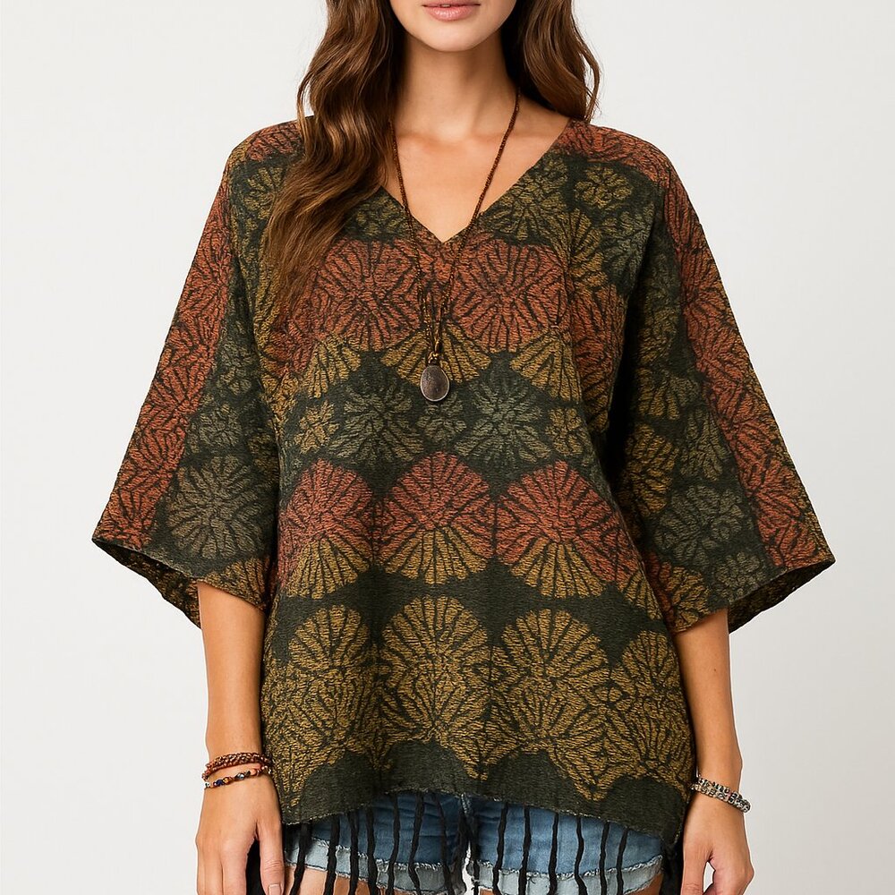 SACRED THREADS hippie boho funky hanky Fringes TOP TUNIC 0S(Small) 3/4 Sleeve